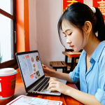 **

A cozy corner in a vibrant Vietnamese café, filled with natural light. A young woman is studying Chinese with flashcards, a steaming cup of cà phê sữa đá beside her. Laptop open, displaying a Chinese language learning app. The atmosphere should be relaxed and inspiring.

**