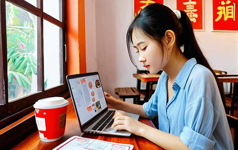 **
A cozy corner in a vibrant Vietnamese café, filled with natural light. A young woman is studying Chinese with flashcards, a steaming cup of cà phê sữa đá beside her. Laptop open, displaying a Chinese language learning app. The atmosphere should be relaxed and inspiring.
**