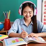 **

A vibrant, colorful scene depicting a young Vietnamese woman happily studying Chinese with various learning materials scattered around her: textbooks, a phone displaying a language learning app with AI feedback, headphones for listening to Chinese music, and sticky notes with Chinese characters. She's surrounded by a cozy, personalized study space, reflecting her tailored learning approach.

**