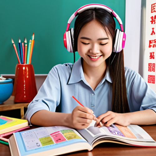 **

A vibrant, colorful scene depicting a young Vietnamese woman happily studying Chinese with various learning materials scattered around her: textbooks, a phone displaying a language learning app with AI feedback, headphones for listening to Chinese music, and sticky notes with Chinese characters. She's surrounded by a cozy, personalized study space, reflecting her tailored learning approach.

**