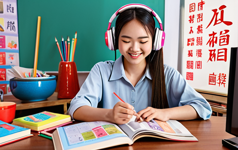 **
A vibrant, colorful scene depicting a young Vietnamese woman happily studying Chinese with various learning materials scattered around her: textbooks, a phone displaying a language learning app with AI feedback, headphones for listening to Chinese music, and sticky notes with Chinese characters. She's surrounded by a cozy, personalized study space, reflecting her tailored learning approach.
**